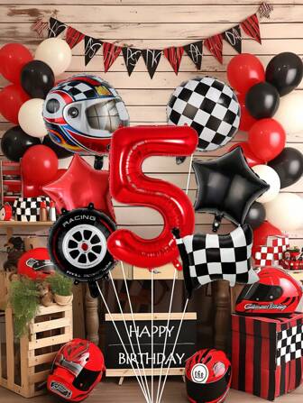 7 Stück/Set Rennmotorrad-Themen-Dekorations-Luftballons für Geburtstag, 32 Zoll rote Zahl-Luftballons 0-9 für Geburtstags-Dekoration, Motorrad/Rennflagge/Reifen/kariertes Muster Folienballons, für Geburtstags-Feier-Dekoration