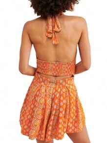 Women Boho Halterneck Playsuit Summer Wrap Front Floral Cutout Backless Jumpsuits Shorts Clubwear