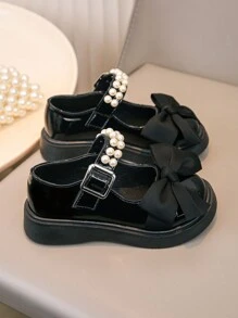 Mädchen glänzende schwarze Schleifen Dekor Mode niedliche flache Loferschuhe, weich und bequem