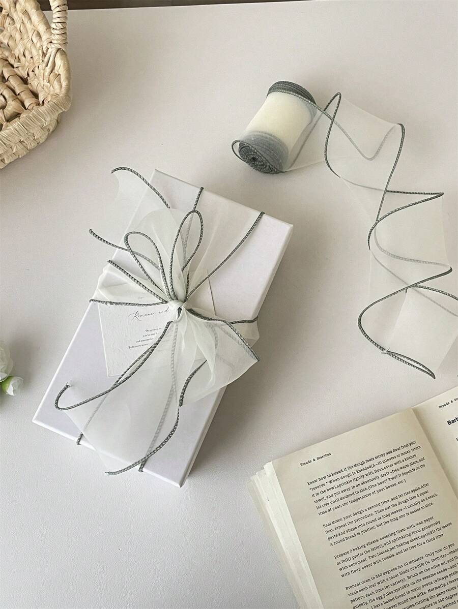 彩色边缘鱼骨纱丝带礼品包装丝带，高品质花卉装订丝带，节日礼品丝带，蝴蝶结，蛋糕花卉装订，DIY蝴蝶结 - 淺灰色 - 查看 1