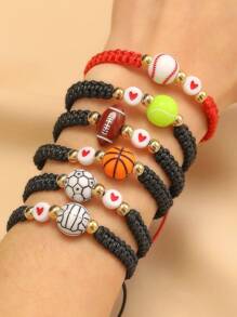 Sports-Themed Adjustable Braided Drawstring Bracelet With Football, Basketball, Baseball, Volleyball, Tennis Pendant Charms For Men - Multicolor - View 2