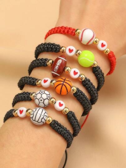 Pulsera ajustable con cordón trenzado de temática deportiva con dijes colgantes de fútbol, baloncesto, béisbol, voleibol y tenis para hombres