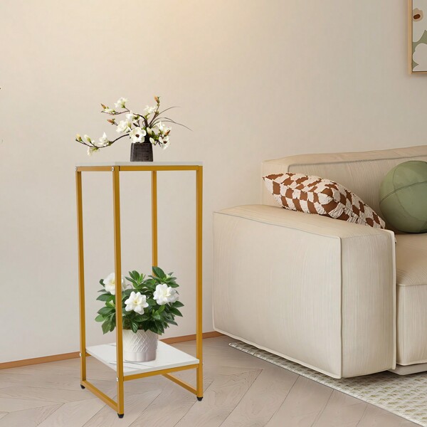 Blumenständer 2 Etagen, Pflanzenständer 75cm Hohe, Gold Metall Blumentopfständer mit Weiß Platte, Pflanzenregal Blumenregal für Wohnzimmer Schlafzimmer Balkon Büro Deko
