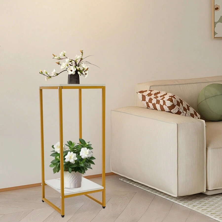 Blumenständer 2 Etagen, Pflanzenständer 75cm Hohe, Gold Metall Blumentopfständer mit Weiß Platte, Pflanzenregal Blumenregal für Wohnzimmer Schlafzimmer Balkon Büro Deko