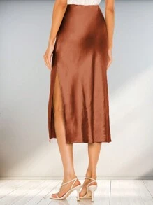 High Waisted Satin Midi Skirt For Women Side Slit A Line Elastic Waistband Casual Skirts  - Brown - View 2