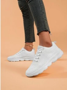 Women's Outdoor Casual Lightweight White Solid Color Breathable Non-Slip Athletic Running Shoes, Suitable For Spring/Autumn