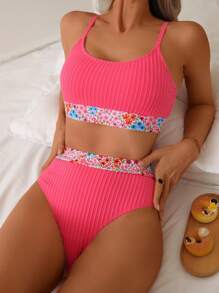 Women's Rose Red Textured Spliced With Tiny Floral Pattern, Elegant Summer Beach Vacation Holiday Swimwear Bikini Set