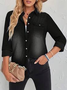 Women's Spring Long Sleeved Denim Shirt With Button Down Shirt, Business Casual Top - 黑色 - 查看 2