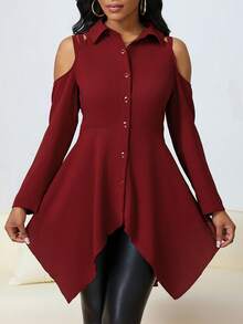 Women Open Shoulder Asymmetrical Hem Long Sleeve Collar Blouse, Spring & Autumn - Red - View 5