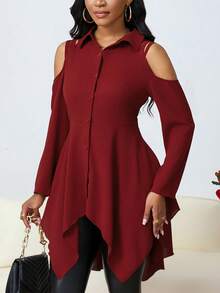 Women Open Shoulder Asymmetrical Hem Long Sleeve Collar Blouse, Spring & Autumn - Red - View 4
