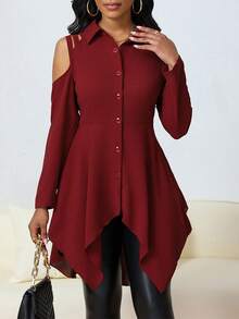 Women Open Shoulder Asymmetrical Hem Long Sleeve Collar Blouse, Spring & Autumn - Red - View 3