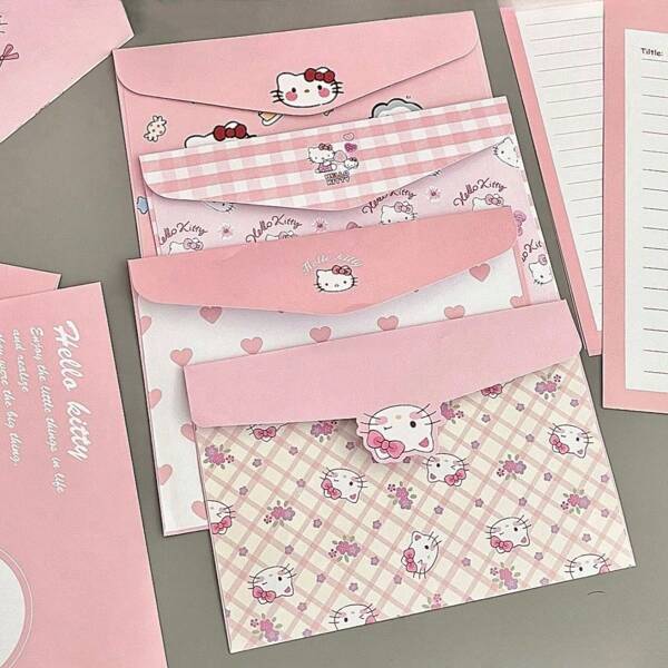 Sanrio Conjunto de 4 peças/conjunto de cartas envelope rosa fofas da Hello Kitty, papelaria de desenho animado simples e chique, presente romântico escrito à mão para o amor, família de volta às aulas