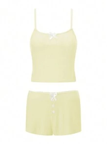 Women's 2 Piece Lounge Set Scoop Neck Sleeveless Adjustable Cami Crop Tops Elastic Waist Split Shorts Summer Outfits - Màu vàng - Xem 2