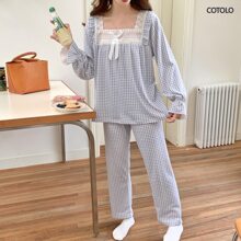 COTOLO Conjunto de Pijama de Mujer con Encaje Cuello Cuadrado Moño Estilo Holgado a Cuadros Multicolor y Dulce para el Hogar Conjunto de Pijama de Mujer,pijamas de mujer,pijama,pans de mujer,pijamas - Azul y blanco - Ver 6