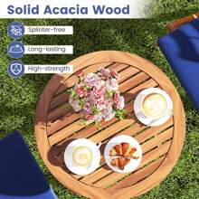 Lifezeal 3 PCS Acacia Wood Patio Bistro Set Folding Outdoor Table And Chairs With Cushions White/Navy/Grey