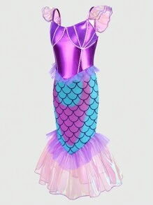 Young Girl Mesh Cap Sleeve Mermaid Dress - Multicolor - View 3