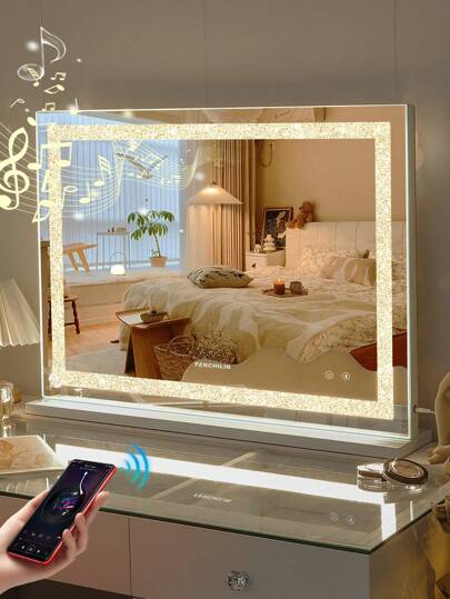 FENCHILIN Illuminated Spiegel Bluetooth Can Adjust Verlichting Effects Wall/Desktop Dual Purpose Makeup Bathroom Size Wit 80cm 58cm view 4