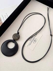 1 pieza Collar negro vintage con colgante circular largo, apropiado para uso diario de mujeres - Collar largo geométrico negro - Ver 6