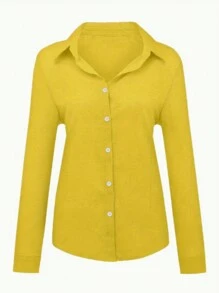 Simple Button Front Shirt, Casual Solid Color Long Sleeve Shirt, Comfortable Women Cotton Linen Shirt - 黃色 - 查看 5