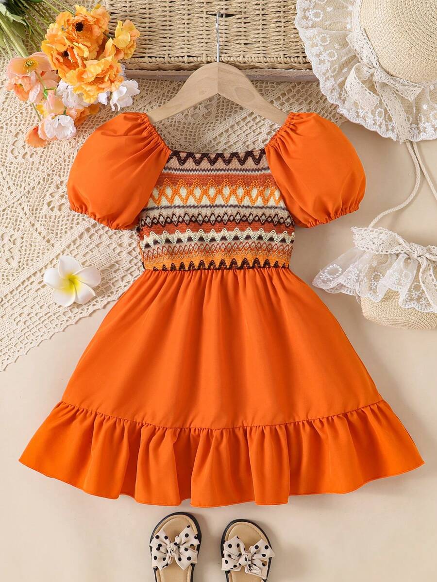 Young Girl Bohemian Style Puff Sleeve Patchwork Dress - Orange - View 1