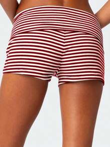 Women's Summer Slim Yoga Shorts Casual Solid Color Fold Over Low Waist Lounge Shorts - 紅色 - 查看 3