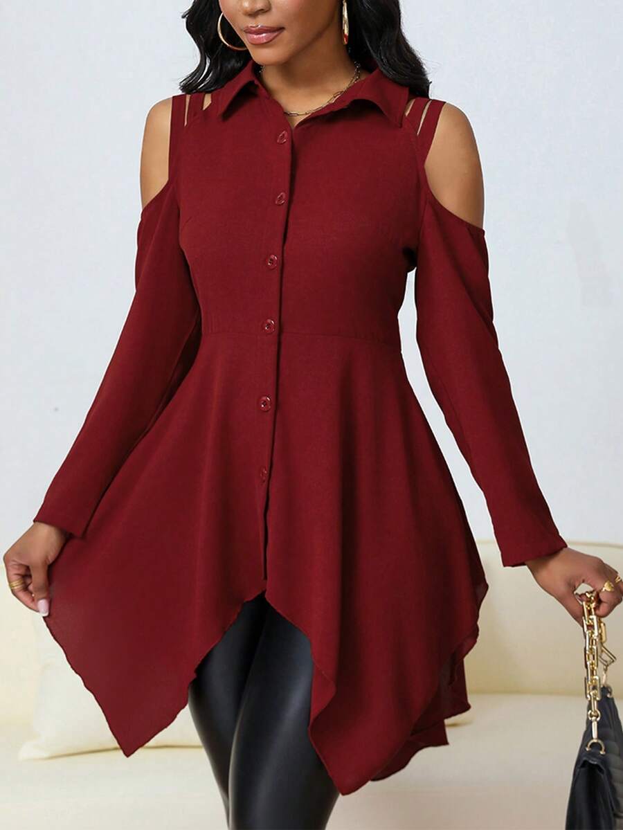 Women Open Shoulder Asymmetrical Hem Long Sleeve Collar Blouse, Spring & Autumn - Red - View 1