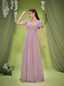 Mgiacy New Arrival V Neck Elegant Bridesmaid Dress Ruched Butterfly Sleeve Long Dress - Lilac Purple - View 4