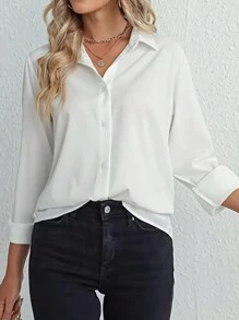 Camisa Frontal de Botão Sólida, Blusas de Manga Comprida Camisa de chiffon com lapela solta e decote em V, camisa casual com botões e manga longa