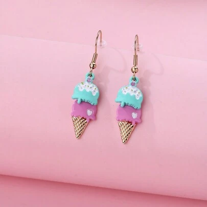 2pcs Per Card Colorful Zinc Alloy Ice Cream & Fish Design Earrings For Girls, Cute Daily Casual Jewelry