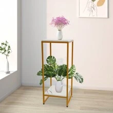 Blumenständer 2 Etagen, Pflanzenständer 75cm Hohe, Gold Metall Blumentopfständer mit Weiß Platte, Pflanzenregal Blumenregal für Wohnzimmer Schlafzimmer Balkon Büro Deko