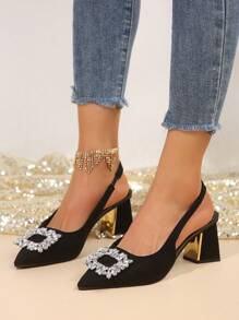 女士尖头高跟鞋，带闪亮水钻扣装饰，镂空粗跟，黑色时尚派对高跟鞋，优雅韩式风格