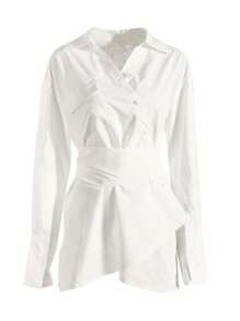 ELVA 女士性感优雅返校纯色落肩长袖单排扣束腰上衣，生日派对婚礼情人节长袖衬衫，情人节和新年