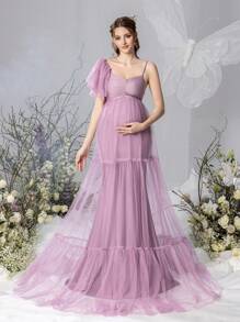 Faeriesty Dressalisa Maternity Asymmetric Ruffled Sleeves Mesh Photography Dress - Dusty Pink - View 2