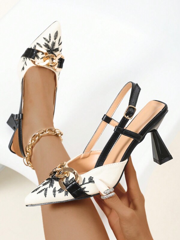 Fashionable Chinese Embroidery Design Pointed Toe High Heel Shoes, Party Formal Pumps, Square Toe Stilettos, Suitable For All Seasons, Office Lady, Comfortable, Multi-Functional, Easy To Wear