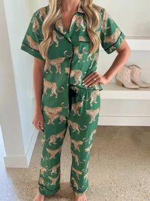 Fashion Leopard Print Pajamas Suit Women Summer Short Sleeve Shirt Trousers Two-Piece Set Women