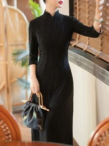 New Chinese Style Slim Cheongsam Dress Women Stand Collar 3/4 Sleeve Waist Tie Modern Qipao Spring Fall Winter Elegant Dinner Party Cultural Fusion - Black - View 1
