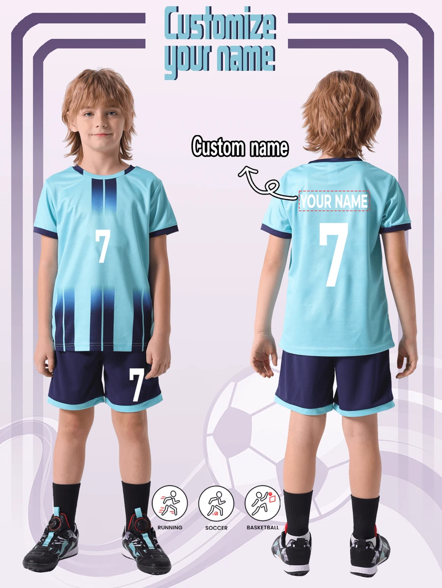 [Customized] 2pcs Tween Boy Casual Sports Training Quick-Dry Short Sleeve Sportswear Set, No.7, Suitable For Football, Exercise, Daily Wear, Customized Name Stylish, Fashion, Hipster, Casual, Minimal Chic Personalized, Customized, Custom, Unique Guy Costumes, Capsule Wardrobe, Boy Basic/Street Style Ideal Gifts For Him Boyfriend, Family, Friends For Birthdays, For Vacation/Holiday, For School/Competition, For Sports/Climbing