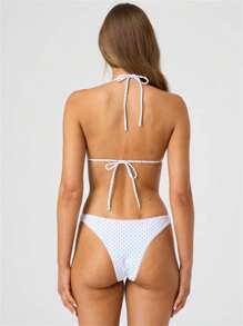 Women's Summer Bikini Set Dot Print Halter Bra With Low Waist Thong 2 Pcs Swimsuit - White - View 4