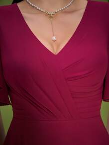 Mgiacy New Arrival V Neck Elegant Bridesmaid Dress Ruched Short Sleeve Chiffon Long Dress - Red Violet - View 6