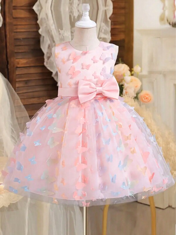1 pieza Elegante vestido de princesa con volantes de tul y decoración de bordado de mariposa 3D y moño para niña, vestido de tul sin mangas de cuello redondo para fiesta, apropiado para cumpleaños, actuaciones, todas las estaciones