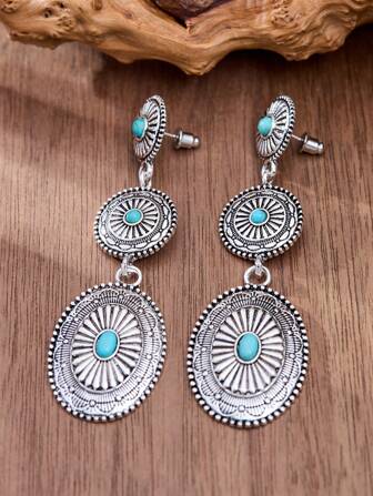 LUMIDIYA 1 对牛仔西部复古绿松石图腾几何拼接合金吊坠耳环，波西米亚风格夏季耳环，复古宝石首饰，适合女士，可作为母亲节礼物