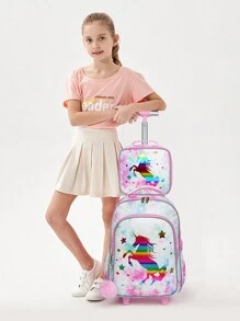 BLING BABIES 3 件套女孩滚轮背包金色和粉色可爱卡通独角兽设计书包小学生儿童带轮学校书包带午餐盒和笔袋 - 金色 - 查看 8