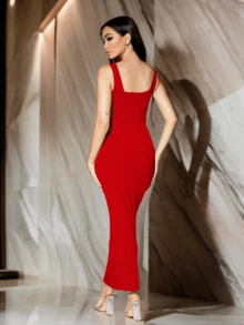 Women's Square Neck Fitted Long Dress - 紅色 - 查看 3