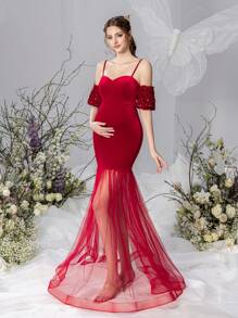 Faeriesty Dressalisa Maternity Puff Sleeve Velvet Cami Prom Party Dress - Red - View 7