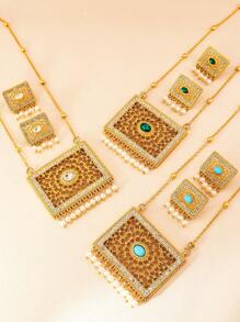 3 件套精致水钻仿珍珠镶嵌项链耳环优雅奢华风格宴会金首饰套装 - 珍珠流蘇 - 查看 7