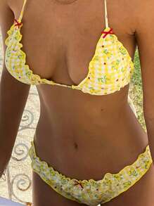 Y2k Sexy Bikini Sets For Womens 2 Piece Swimsuits Bathing Suit Lemon Peach Plaid Print Bow Lacy Halter Neck Tie Back Lacing Bra Top With Low Rise Thong Beachwear Aesthetic Beach Outfit For Women Summer Vacation - Màu vàng - Xem 4