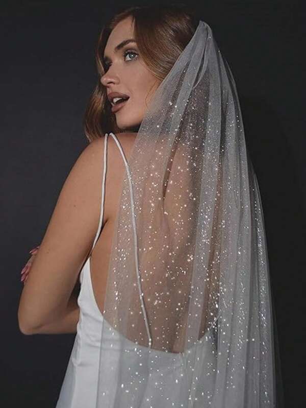 1 Piece Women 1 Tier Cathedral Length Glitter Tulle Wedding Bridal Veil For Wedding Party White With Metal Comb