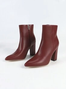 Women's Fashion New Short Boots, Classic Boots, Solid Color High-Quality Leather, Minimalist & Versatile For Commuting, Office, Outing, Party, Side Zipper, Super High Heel, Chunky Heel, Pointed Toe Short Boots, Motorcycle Boots - Burgundy - View 8