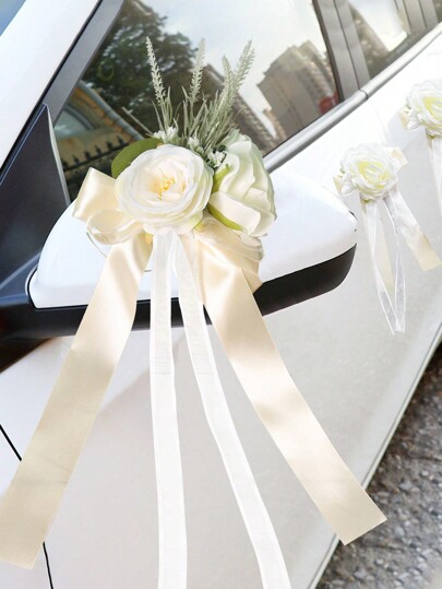 1PC Wedding Car Rearview Mirror Door Handle Car Flower Decoration Simulation Rose Decoration Flower Suction Cup Bottom Ribbon Fleet Flower Wedding Supplies