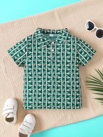 Kortärmad pikétröja med heltryck för små pojkar, casual tröja för barn, semester-/skolkräkt, 4-7 år